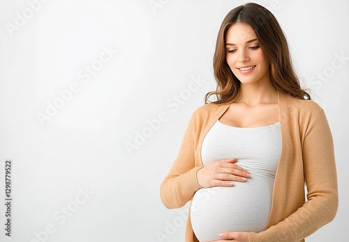 Pregnant woman smiling while holding her belly, neutral background. Free Download Pregnant woman smiling while holding her belly, neutral background. - GFXLoad