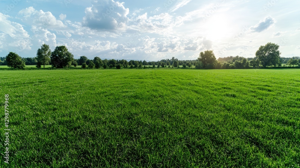 Lush green field, sunny day, trees background, nature landscape, idyllic scenery Lush green field, sunny day, trees background, nature landscape, idyllic scenery