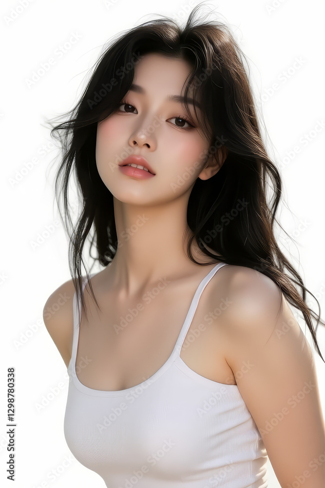 Asian Female in Studio Setting - Young Woman on White Background with Soft Shadows - Styled Long Hair - Portrait of Eastern Beauty for Fashion or Cosmetic Model - Photoshoot Modelling Asian Female in Studio Setting - Young Woman on White Background with Soft Shadows - Styled Long Hair - Portrait of Eastern Beauty for Fashion or Cosmetic Model - Photoshoot Modelling