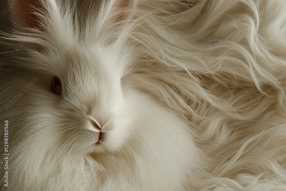 Close-up of a beautiful fluffy white Angora rabbit with soft, luxurious fur and gentle expression, capturing the animal's adorable and cuddly nature in soft light. Close-up of a beautiful fluffy white Angora rabbit with soft, luxurious fur and gentle expression, capturing the animal's adorable and cuddly nature in soft light.