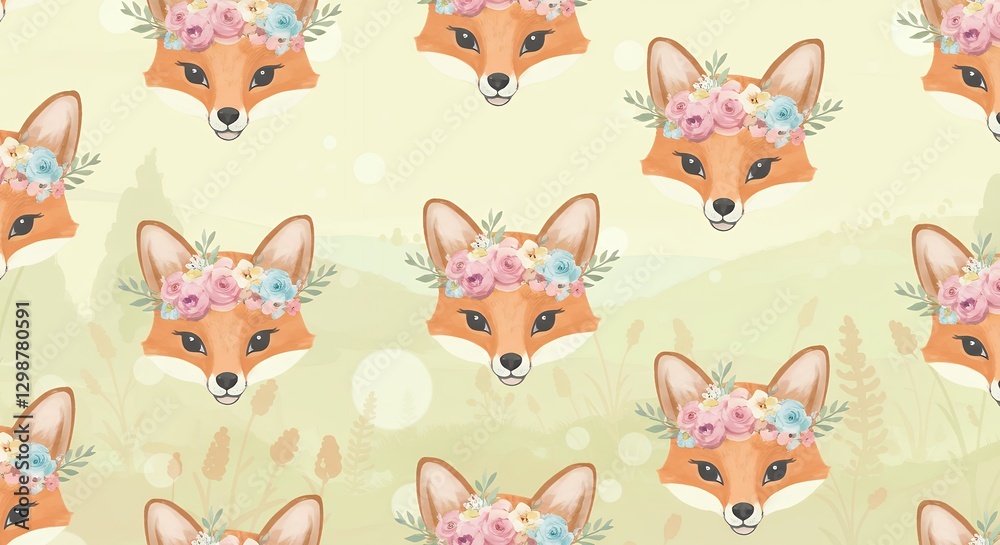 Obraz premium Charming Fox Head Pattern with Floral Crown on Soft Green Background