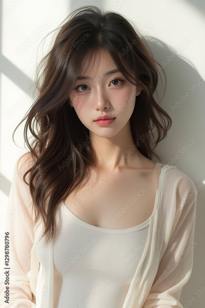 Asian Female in Studio Setting - Young Woman on White Background with Soft Shadows - Styled Long Hair - Portrait of Eastern Beauty for Fashion or Cosmetic Model - Photoshoot Modelling Asian Female in Studio Setting - Young Woman on White Background with Soft Shadows - Styled Long Hair - Portrait of Eastern Beauty for Fashion or Cosmetic Model - Photoshoot Modelling