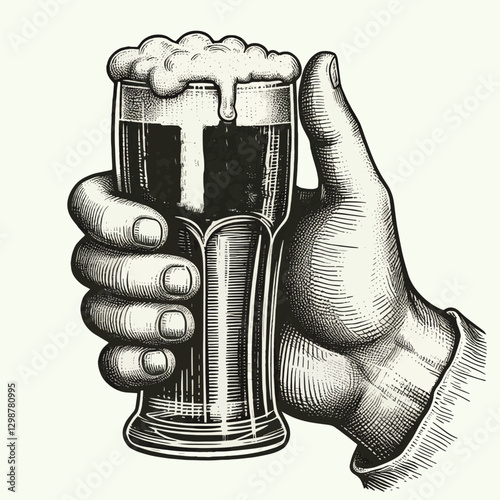 Vector hand holding beer mug. Hand drawn engraving style illustrations.