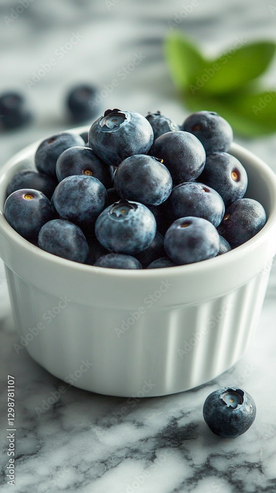 Fresh blueberries in a white ceramic bowl on a marble surface, with a blurred green leaf in the background, creating a healthy and natural aesthetic. Fresh blueberries in a white ceramic bowl on a marble surface, with a blurred green leaf in the background, creating a healthy and natural aesthetic.