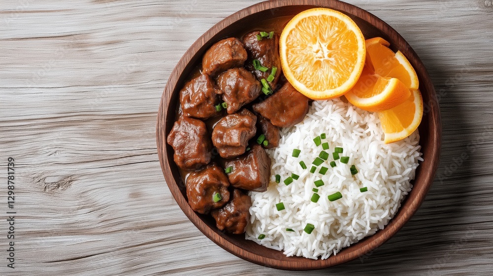 Delicious orange chicken with white rice garnished with chives in wooden bowl Delicious orange chicken with white rice garnished with chives in wooden bowl