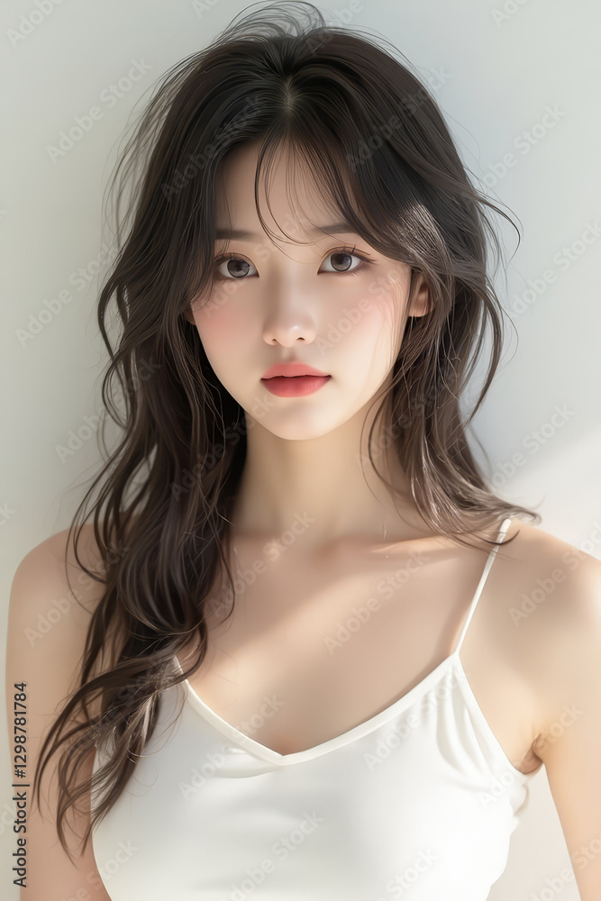 Asian Female in Studio Setting - Young Woman on White Background with Soft Shadows - Styled Long Hair - Portrait of Eastern Beauty for Fashion or Cosmetic Model - Photoshoot Modelling Asian Female in Studio Setting - Young Woman on White Background with Soft Shadows - Styled Long Hair - Portrait of Eastern Beauty for Fashion or Cosmetic Model - Photoshoot Modelling