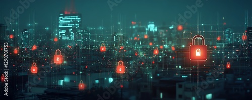 Digital network security system with interconnected padlocks, showcasing safe cyberspace, data protection, and modern tech design for business security solutions