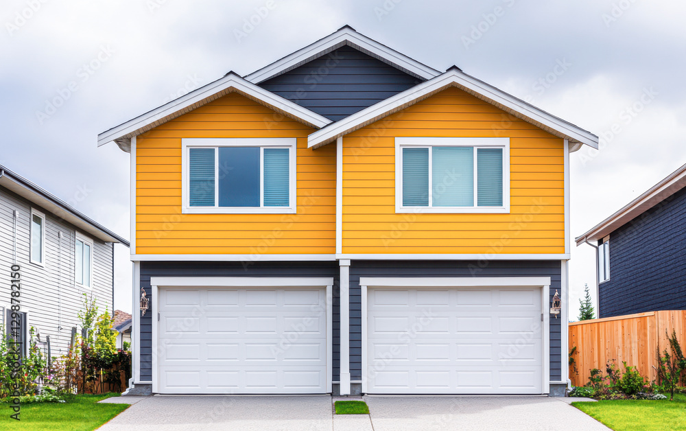 Modern duplex with vibrant yellow exterior and garage doors Modern duplex with vibrant yellow exterior and garage doors