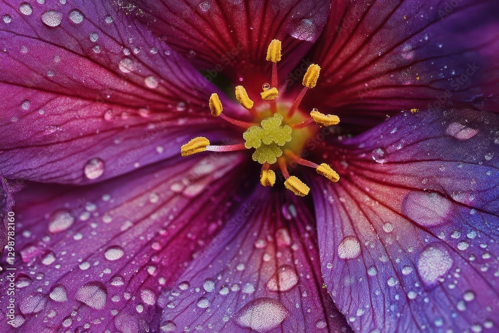 Obraz premium close-up macro photography of diverse spring flowers in full bloom, with vibrant colors ranging from delicate pinks to bold purples against soft-focus natural background, capturing morning dew