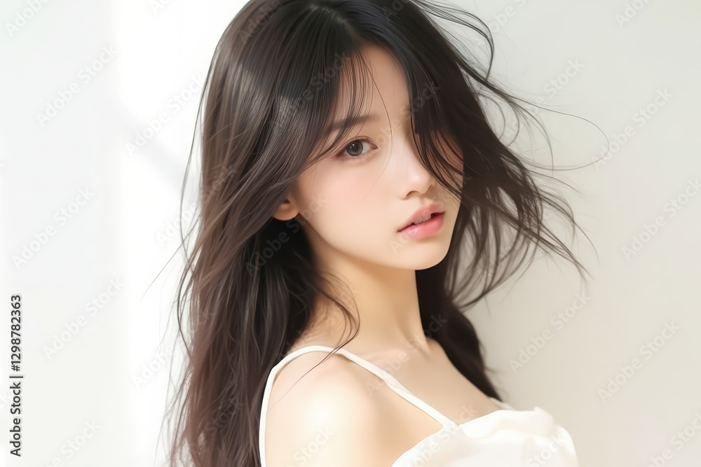 Asian Female in Studio Setting - Young Woman on White Background with Soft Shadows - Styled Long Hair - Portrait of Eastern Beauty for Fashion or Cosmetic Model - Photoshoot Modelling Asian Female in Studio Setting - Young Woman on White Background with Soft Shadows - Styled Long Hair - Portrait of Eastern Beauty for Fashion or Cosmetic Model - Photoshoot Modelling