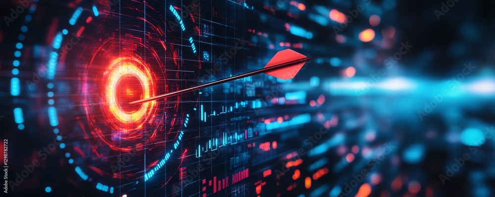 Fototapeta premium Illustration of a digital target with an arrow hitting the bullseye, representing precise profit goals in the stock market, with a Japanese candlestick chart tracking trends