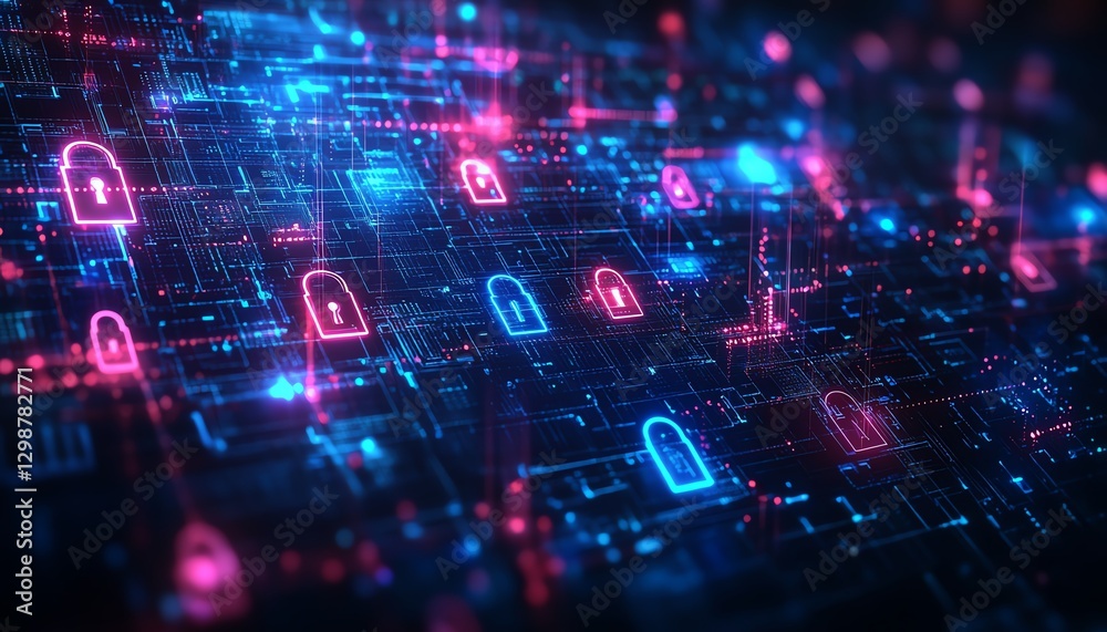 Obraz premium Illustration of a hightech security network featuring digital padlocks, representing data security, network protection, and a safe cyberspace in a futuristic business context