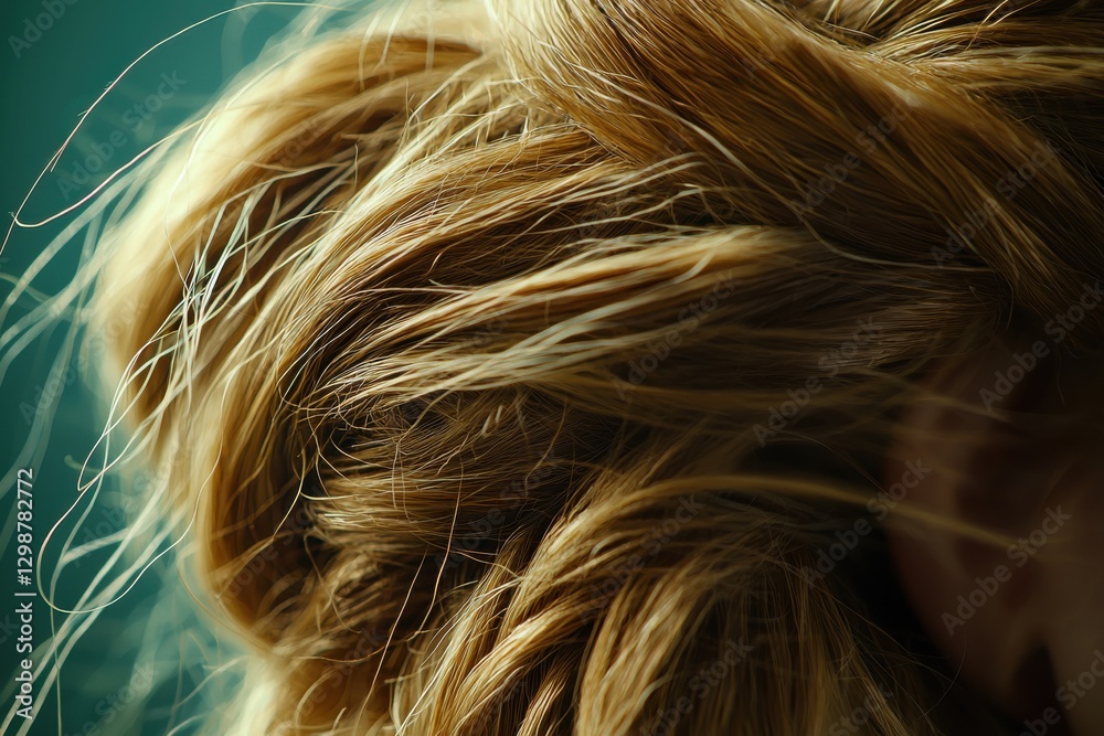Naklejka premium A close-up view of blonde hair styled in an intricate updo, showcasing texture and highlights with a blurred teal background, emphasizing natural beauty.