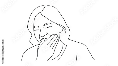Line art drawing woman laughing hand covering mouth happy smile