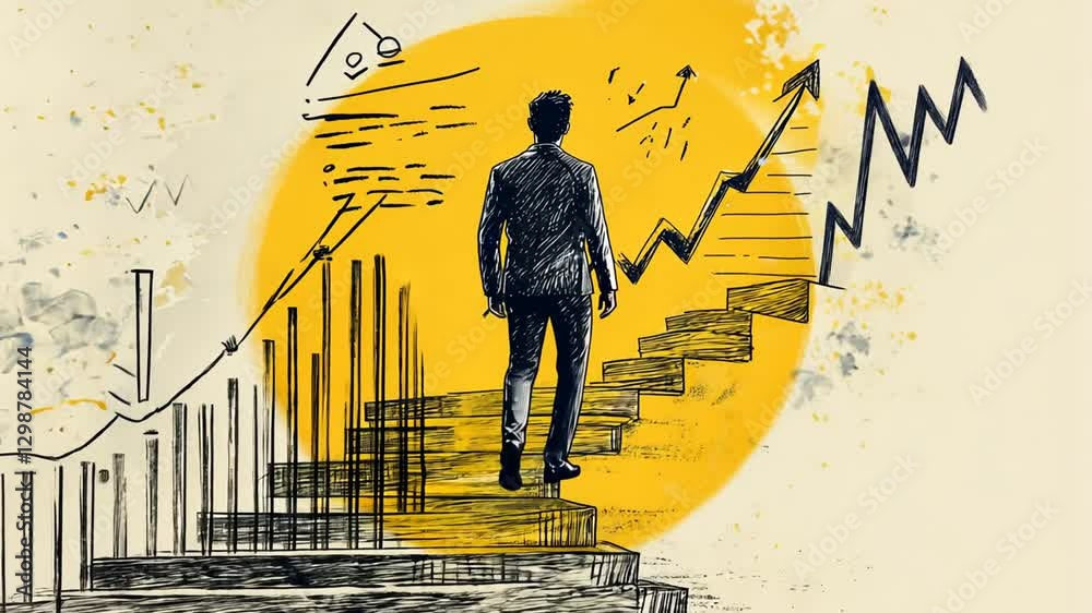 Illustration of a professional man ascending a staircase towards upward progress graph