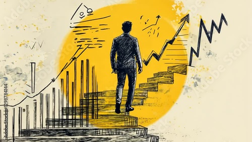 Illustration of a professional man ascending a staircase towards upward progress graph