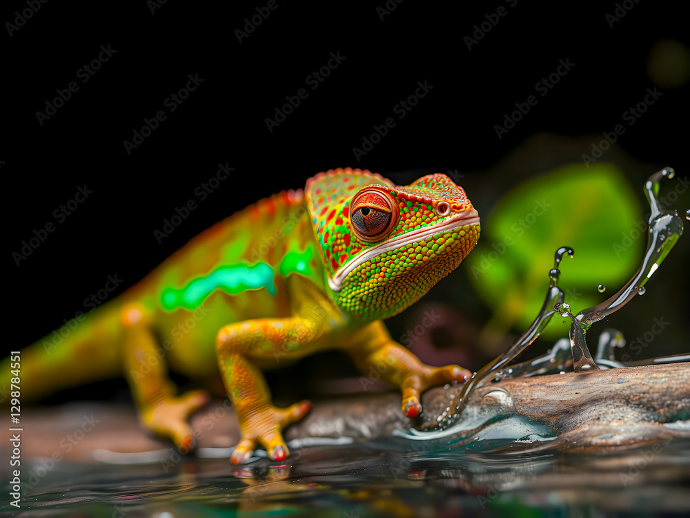 Naklejka premium A small green chameleon, a tropical reptile, rests on a leaf