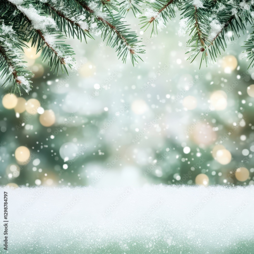 Snow-covered pine branches frame a soft-focus winter scene with bokeh lights creating a magical and serene atmosphere during the holiday season Snow-covered pine branches frame a soft-focus winter scene with bokeh lights creating a magical and serene atmosphere during the holiday season