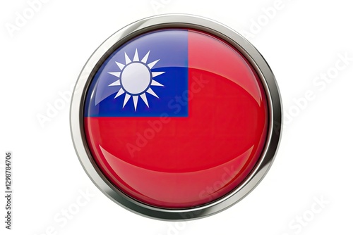 A circular, shiny button featuring the Republic of China flag; a vibrant Taiwanese national symbol for patriotic displays. Free Download A circular, shiny button featuring the Republic of China flag; a vibrant Taiwanese national symbol for patriotic displays. - GFXLoad