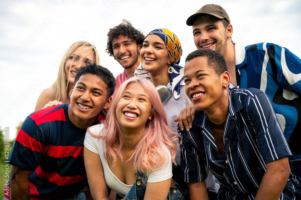 Group of multiethnic teenagers spending time outdoor on a picnic at the park Group of multiethnic teenagers spending time outdoor on a picnic at the park