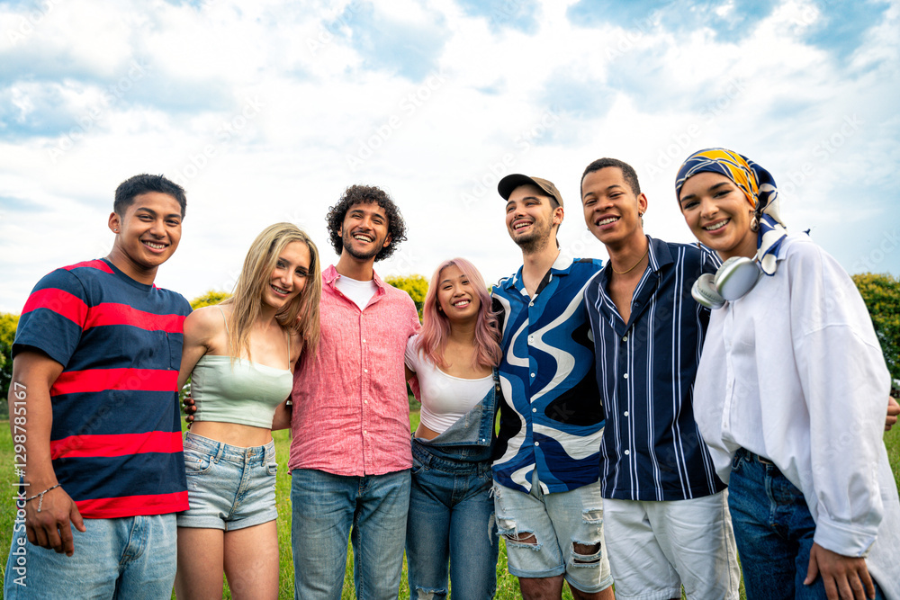 Group of multiethnic teenagers spending time outdoor on a picnic at the park Group of multiethnic teenagers spending time outdoor on a picnic at the park
