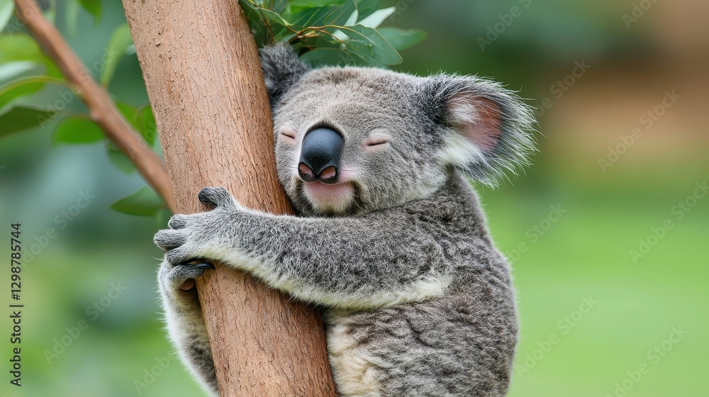 Fototapeta premium Adorable Koala Clinging to Tree in Natural Habitat with Relaxed Expression