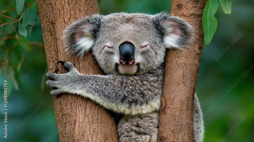Obraz premium Cute Koala Hugging a Tree in a Lush Green Environment