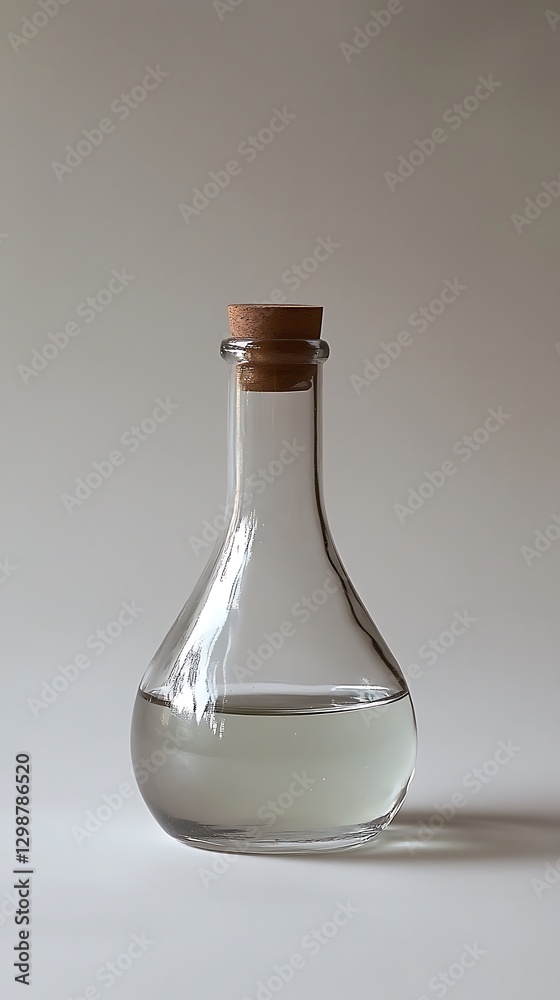 A small transparent glass flask containing a clear liquid material A small transparent glass flask containing a clear liquid material