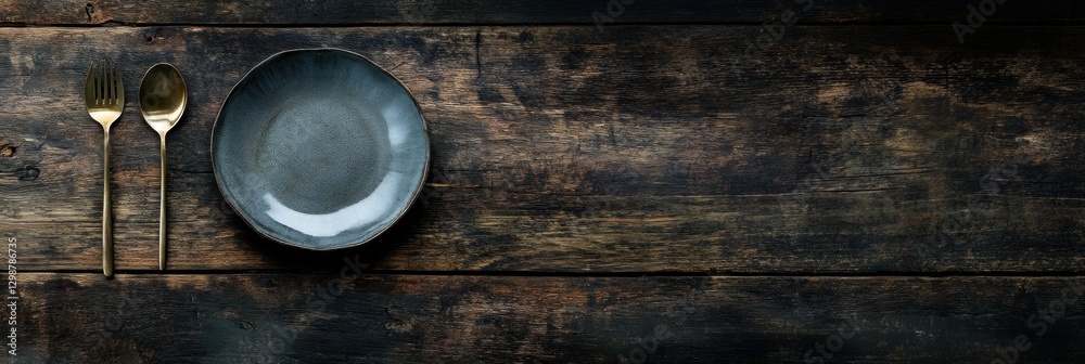 Elegant black plate and golden utensils arranged on a rustic wooden table for a dining experience. Generative AI Elegant black plate and golden utensils arranged on a rustic wooden table for a dining experience. Generative AI