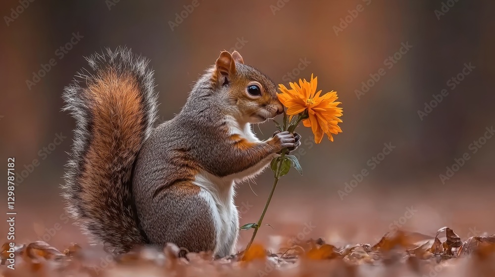 Fototapeta premium Squirrel Holding Bright Flower in Autumn Forest with Colorful Leaves
