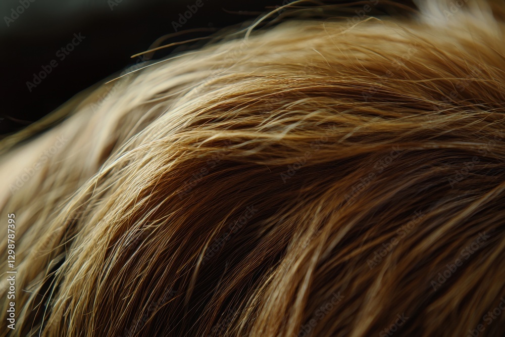 Naklejka premium A detailed close-up reveals the texture of a golden brown animal's fur against a dark backdrop, showcasing its soft and shiny characteristics.