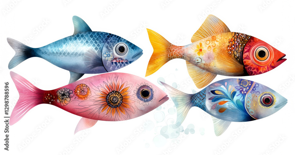 Fototapeta premium Vibrant Ocean Dreams: A Colorful School of Artistic Fish Symbolizing Unity