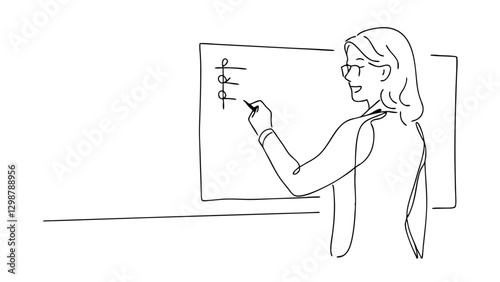 Line drawing of a woman writing on a whiteboard, likely teaching a lesson or presenting information. Shes enthusiastic and engaged with her work. Simple, clean illustration.