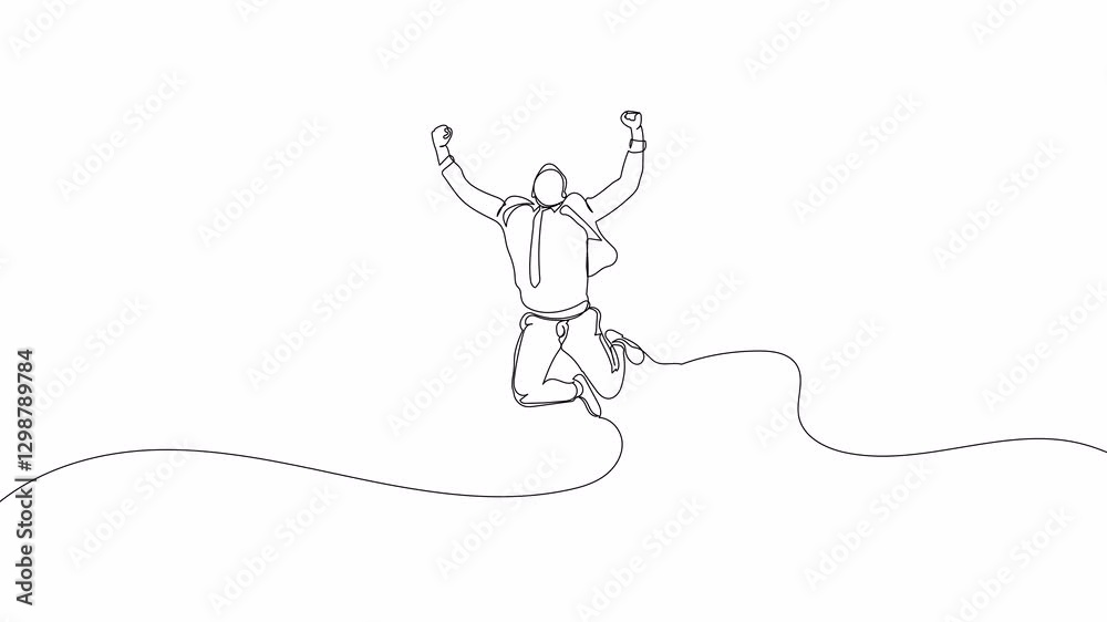 Hand-Drawn One-Line Animation of a Businessman Jumping with Joy for Success, Minimalist Line Art, Continuous Outline Drawing, Concept of Achievement, Motivation, and Career Growth Hand-Drawn One-Line Animation of a Businessman Jumping with Joy for Success, Minimalist Line Art, Continuous Outline Drawing, Concept of Achievement, Motivation, and Career Growth