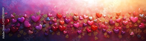 Colorful hearts arranged vertically in vibrant hues of pink