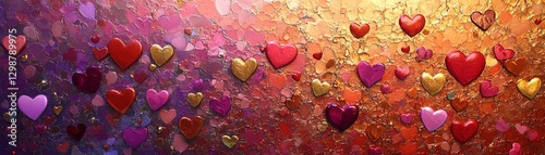 Colorful hearts arranged vertically in vibrant hues of pink