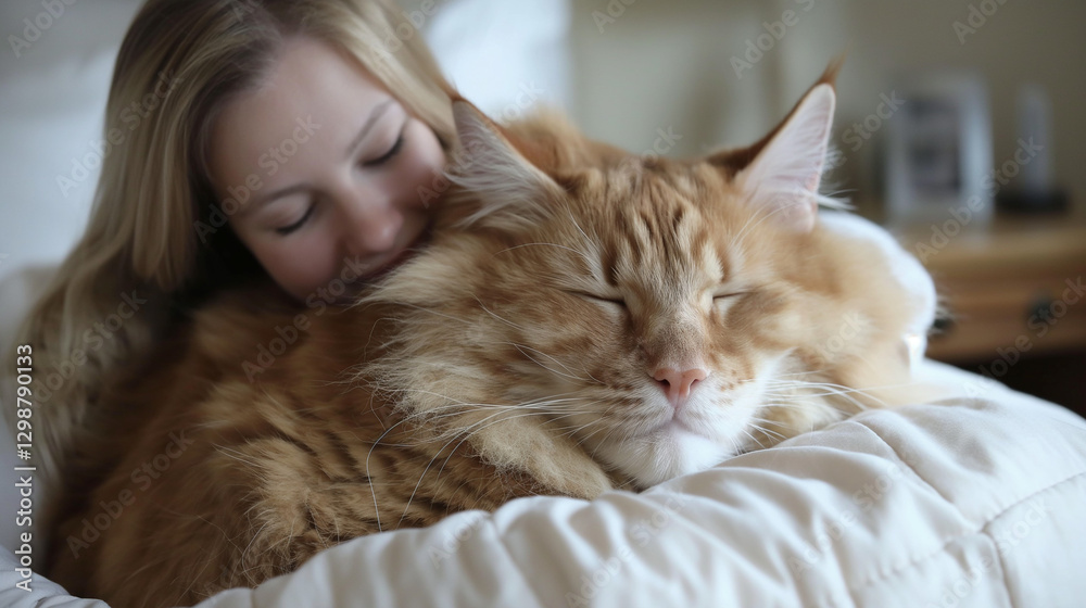 Woman hugging a large ginger cat on a bed. Woman hugging a large ginger cat on a bed.