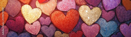 Happy and vibrant vertical arrangement of multicolored hearts in shades of pink