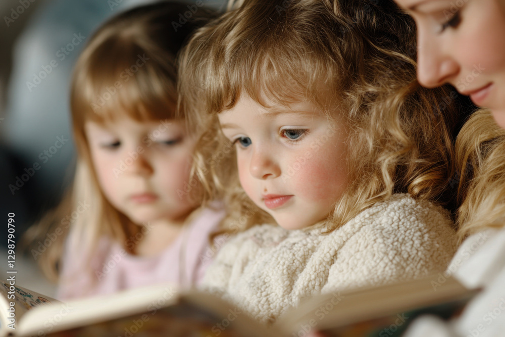 Mother reading with daughters, sharing a cozy family moment Mother reading with daughters, sharing a cozy family moment