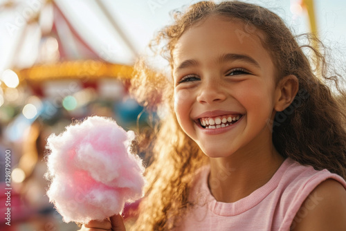 Happy girl eating cotton candy at amusement park smiling at sunset