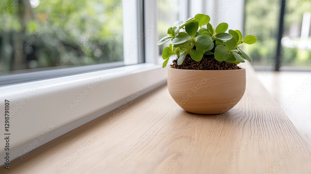 Fototapeta premium Plant in Wooden Pot on Windowsill
