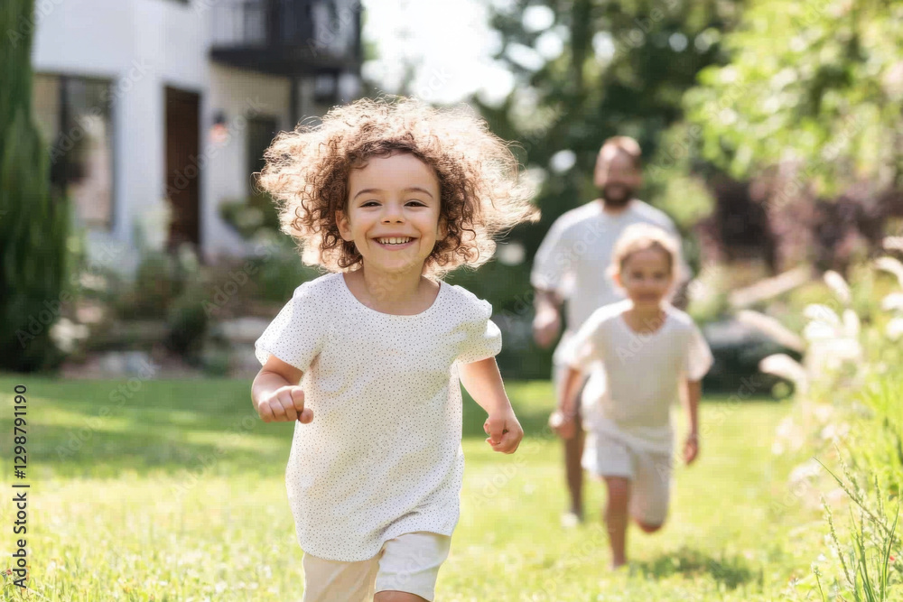 Happy children running in the garden with father following behind Happy children running in the garden with father following behind