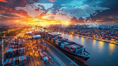 Global Shipping Port at Sunset