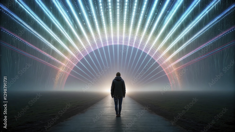 Solitary figure walks toward mesmerizing, luminous archway in fog. Solitary figure walks toward mesmerizing, luminous archway in fog.