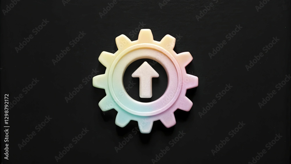 Obraz premium White gear with upward arrow on dark background symbolizes progress and innovation.