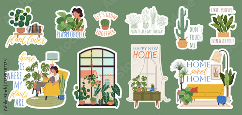 Home plants and home decor stickers. Stickers set with houseplants, cozy interiors, and plant themed quotes for diary and planner decor, plant lovers and home decor enthusiasts. Vector illustration.