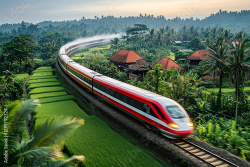 A high-speed train rushing past endless rice fields, leaving a trail of motion blur, with copy space. Bright daylight lighting.  photo