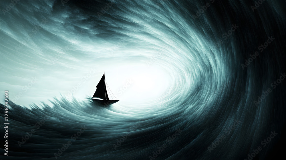 Fototapeta premium A small sailboat navigating a turbulent, dark wave