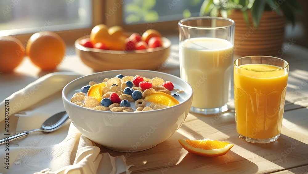 Calcium-Rich Foods:Fortified Foods:A nutritious breakfast spread with a bowl of calcium-fortified cereal, almond milk, and a glass of orange juice, placed on a cozy breakfast table with morning sunlig Calcium-Rich Foods:Fortified Foods:A nutritious breakfast spread with a bowl of calcium-fortified cereal, almond milk, and a glass of orange juice, placed on a cozy breakfast table with morning sunlig