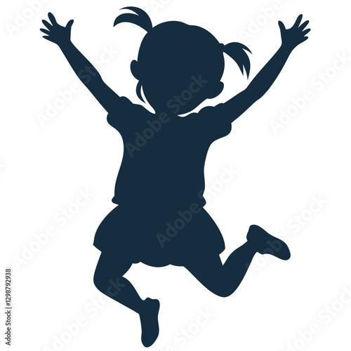 Vector silhouette of a small girl jumping joyfully with arms raised, detailed enough to suggest excitement and energy, on a transparent background